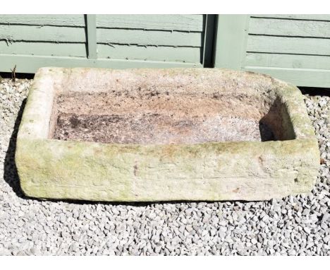 Rectangular reconstituted stone garden trough with central drainage hole   Condition: 