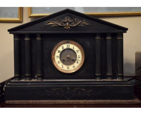 Late 19th Century French black slate temple mantel clock, the cream Arabic chapter ring signed within H. Newcombe, Exeter, th