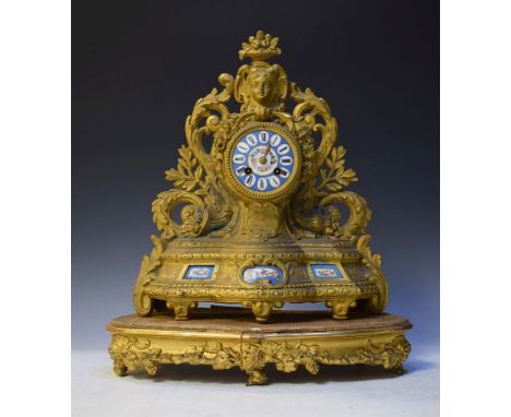 Late 19th Century French gilt spelter and Sevres style porcelain mantel clock, the blue chapter ring with cellular Roman nume