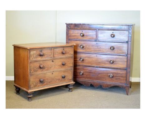 Two 19th Century mahogany chests of drawers, the larger of two short over three long drawers between pilasters on swept brack
