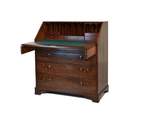 19th Century mahogany fall front bureau, the crossbanded fall enclosing drawers and pigeon holes over green baize writing sur