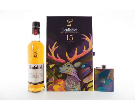 GLENFIDDICH 15 YEAR OLD LIMITED EDITION DESIGN WITH HIP FLASK SPEYSIDE SINGLE MALT  40% ABV / 70cl  Without Glenfiddich, Scot
