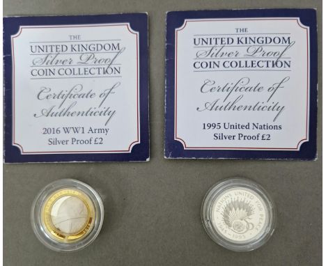 Two silver proof £2 coins to include 1995 United Nations &amp; 2016 WW1 Army, with certificates.