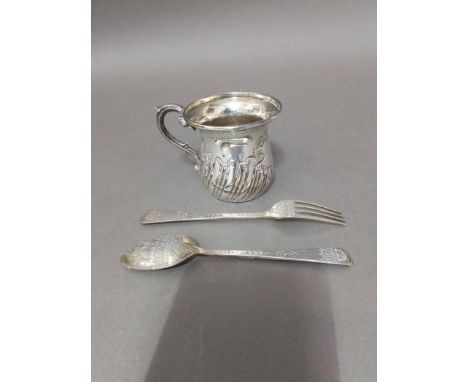 Hallmarked silver comprising a mug and a christening spoon and fork, Victoria and later, wt. 105g. 