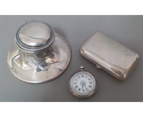 A hallmarked silver inkwell together with a white metal cigarette / tobacco case and a silver cased pocket watch. 