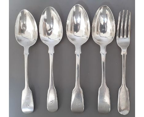 4 silver spoons and 1 fork, London, Josiah Piercy II, 1863, gross wt. 6.7ozt. 