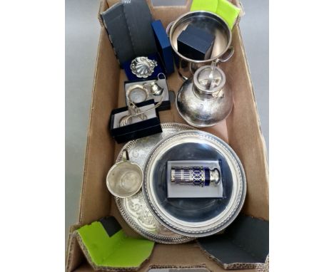 A selection of plated ware and silver items including a tray, dish, mug, bucket, a silver novelty ladder, cream jug, small sh