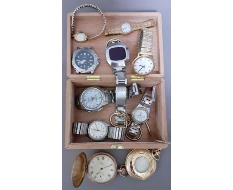 A wooden box with contents, watches and pocket watches to include Casio, Waltham USA, etc. 
