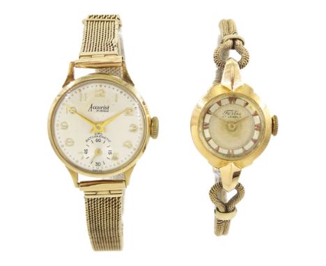 Accurist ladies 9ct gold manual wind wristwatch, silvered dial with subsidiary seconds dial, on 9ct gold mesh link bracelet a