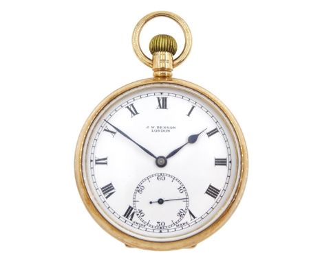 Early 20th century 9ct gold open face keyless lever pocket watch by J W Benson, London, white enamel dial with Roman numeral 