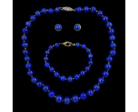 Pair of 9ct gold lapis lazuli stud earrings, graduating lapis lazuli bead necklace and similar braceletCondition Report:Earri