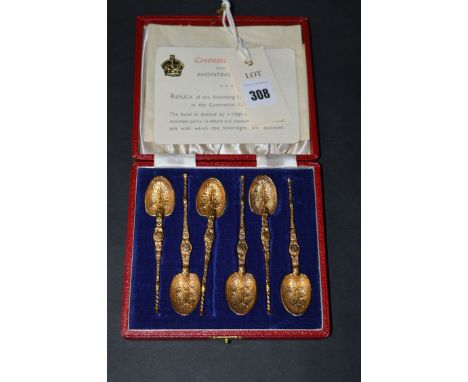 A set of six silver gilt anointing spoon pattern coffee spoons, Birmingham 1936 (Done for Coronation of Edward VIII), in fitt