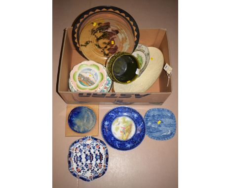 A green glazed pottery planter; a quantity of assorted decorative plates; and a Victorian bowl with Asian figure decoration.
