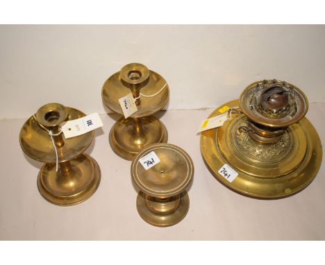 A brass oil lamp (without chimney or shade), by Young's Duplex; together with a modern pair of 20th Century candlesticks; and