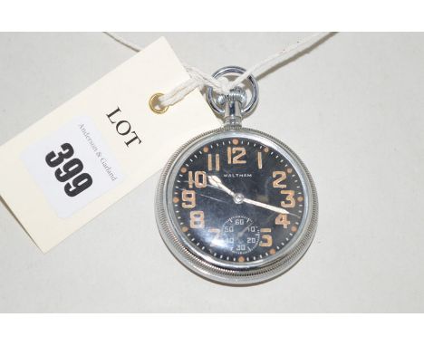 A Waltham military stopwatch with arabic dial in steel case, the back stamped "2122 Broad Arrow Mark".