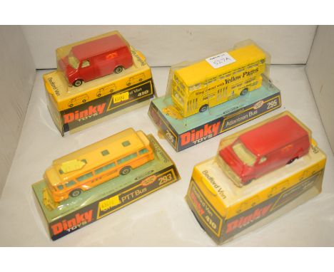 Dinky Toys die-cast vehicles - two Bedford vans 410; Atlantean bus 293; and Swiss PTT bus 295, boxed.  (4)