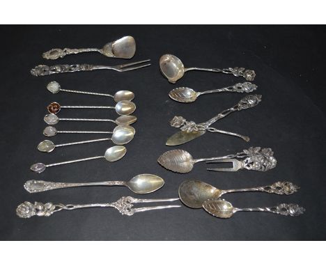 A quantity of silver teaspoons; sugar trowel; toddy ladle; and other items, some with stone patterned finials.