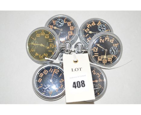 Six Waltham military pocket watches with arabic dials in steel cases, the first stamped "736 Broad Arrow Mark"; the second st