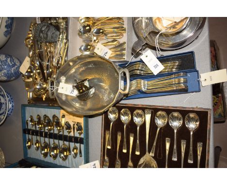 A quantity of miscellaneous silver plated flatware; together with a pewter two-handled bowl; dessert forks and spoons and a s