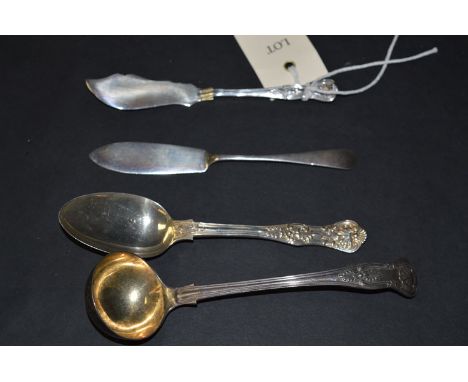 A Victorian silver dessert spoon; a Victorian Kings pattern toddy ladle, by George Adams (Chawner & Co.); a Kings pattern but