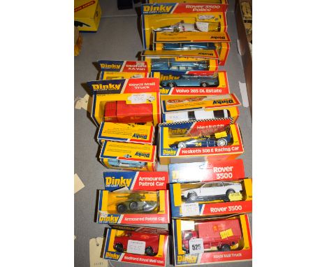 Dinky die-cast vehicles, to include: Royal Mail truck; Rover 350; Volvo 265DL Estate; and an armoured patrol car.  (15)