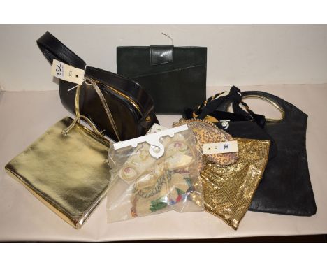 A late 19th/early 20th Century beadwork purse; later beadwork purses; five later evening purses of various designs; a silk sc