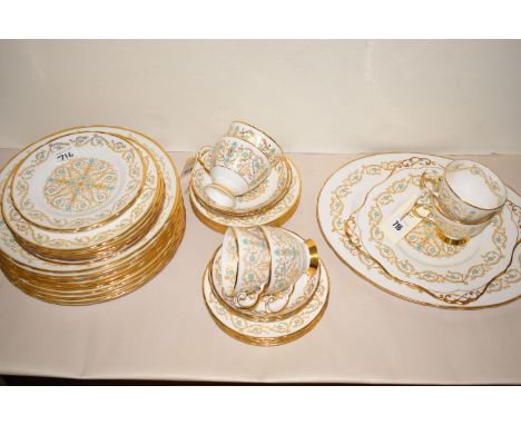 A Tuscan 'Louise' pattern fine bone china six-piece tea set; together with dinner and side plates, decorated with turquoise e