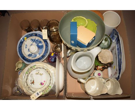 Ceramic kitchen storage jars; dinner ware; a Spode blue glass lemonade set; Withersea rabbit vase; jugs various; Worcester co