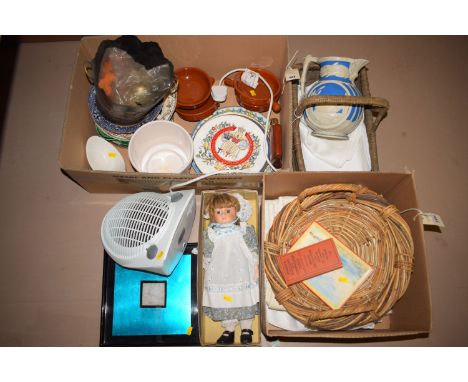 A modern ceramic doll; miscellaneous ceramics; a leather bound hip flask; a basket containing damask tablecloths; a Durham qu