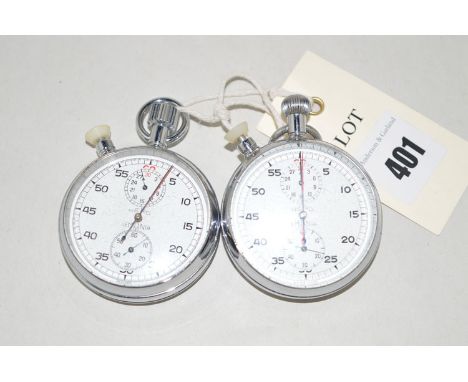 Two Nero Lemania military stopwatches with arabic dials in steel cases, the first stamped "Patt 4 2128/GG/65 Broad Arrow Mark
