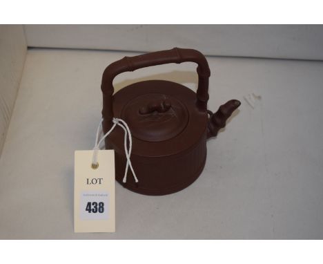 Chinese Yixing stoneware 'Bamboo' teapot and cover, of cylindrical form with bamboo loop handle, finial and spout issuing sid