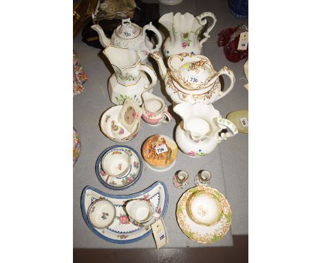 A Prattware pot lid 'The Trooper'; two Victorian teapots; and three decorative jugs; together with Booths tea ware.