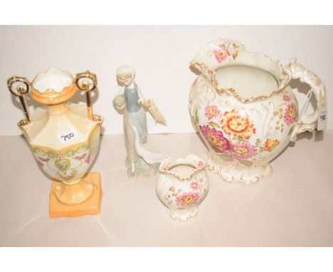 A Lladro ceramic figure modelled as a girl holding a bowl, with a goose at foot; together with a Victorian water jug with flo