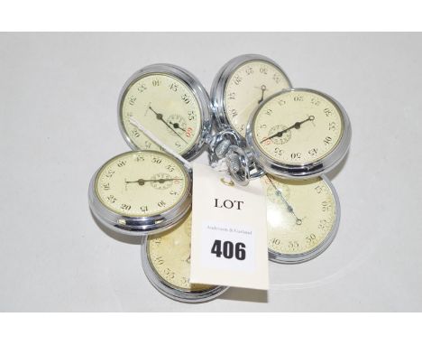 Six Waltham military stopwatches with arabic dials in steel cases, the first stamped "1/5 Sec.T.P.", the second stamped "T.P.