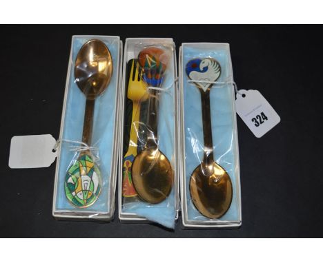 A Danish July 1978 925 silver gilt spoon, with Artist's signature 'Bibeke Alfelt', with enamel heart and horse decoration; a 