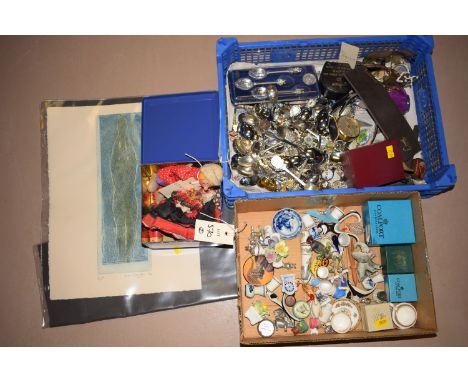 A collection of ceramic thimbles; and small ceramic ornaments; collectors' teaspoons; and sundries, in two boxes.