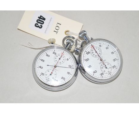 Two Nero Lemania military stopwatches with arabic dials in steel cases, the first stamped "Patt 4, 830/GG/63", the second sta