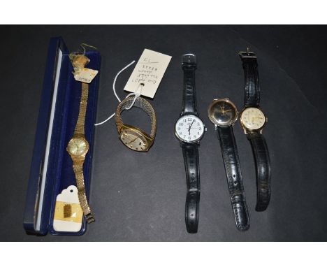 Costume watches by Vertex; Timex; Tissot; together with a 9ct. yellow gold cased wristwatch by Aristo, on black leather strap