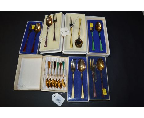Six Norwegian silver gilt and varicoloured enamel pastry forks and spoons sets, by Th. Marthinsen; and six Norwegian sterling