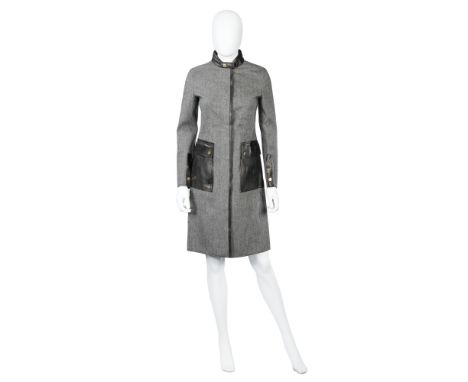 Tom Ford for Gucci: a Grey Herringbone and Leather CoatAutumn 2000Grey herringbone wool with black leather trim and front pat