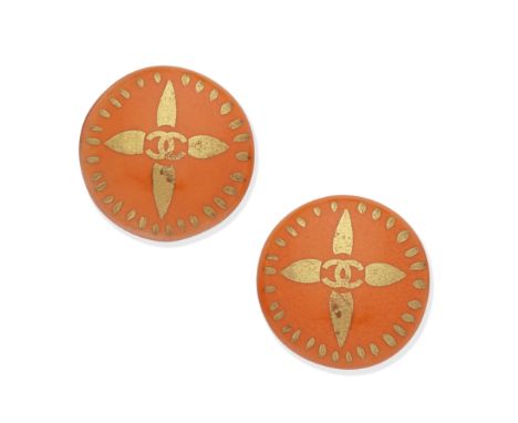 Chanel: a Pair of Orange and Gold Ceramic Clip EarringsSpring 1997Orange round plaques with gold CC designCondition Grade A-2
