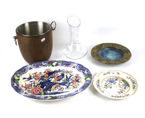 An assortment of ceramics. Including a large Japanese charger with exotic birds and floral transfer decoration. A Spode plate