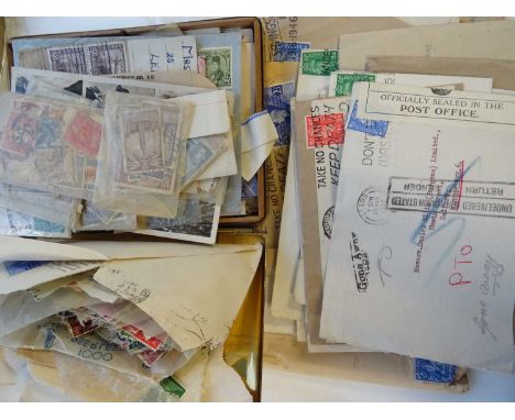 A box and old box-file of vintage packets and desk clearance, generally British Commonwealth with a little Russia, Portuguese