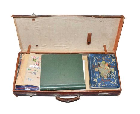 A long leather suitcase filled with envelopes and packets of stamps along with vintage albums incl. Hinton's 'The Queen' albu