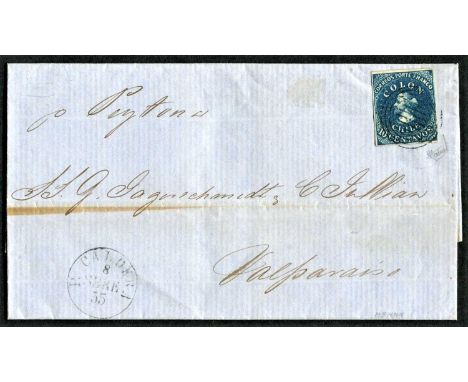 1853 10cts deep bright blue, four margins well clear all round, tied by bar and concentric rings cancel (the stamp lifted and