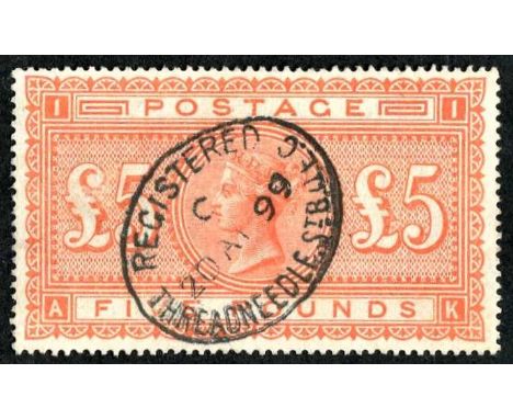 1889 £5 orange on white paper, SG.137, attractively used with clear registered cancel, an ironed horizontal crease invisible 