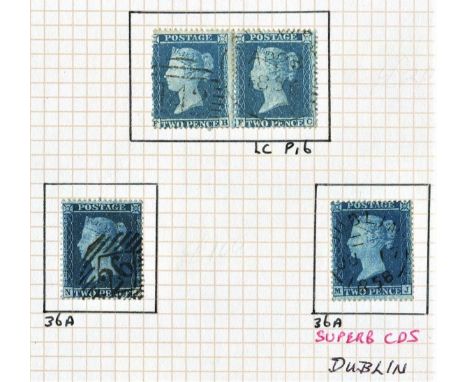 1855-58 2d blue 'stars' printings: SG.27 pair with light duplex cancel 'AP23 1856' and two examples of SG.36a (though blued p