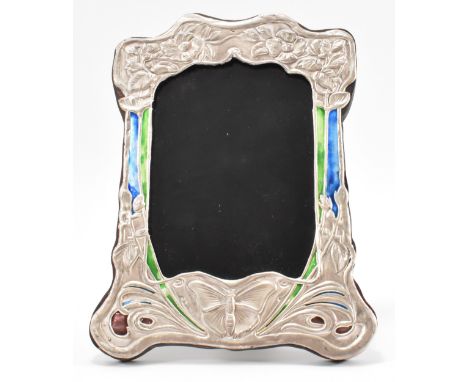 A sterling silver Art Nouveau style photo frame having embossed roses and butterfly motifs to the frame with blue and green e