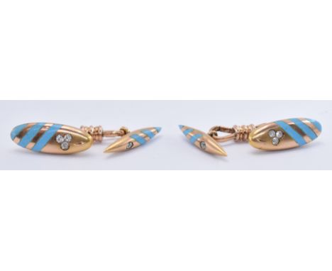 A pair of 18ct gold diamond and enamel cufflinks having oval shaped heads set with three round cut diamonds to an engraved sh