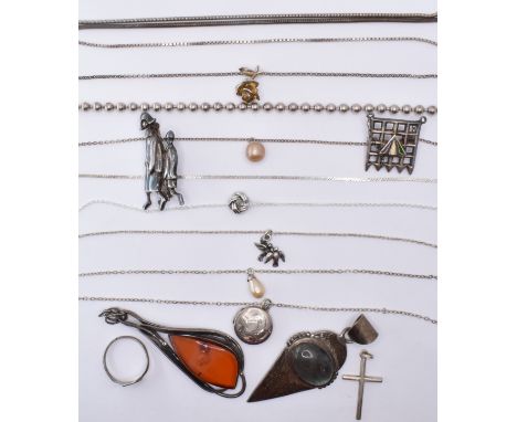 A collection of silver jewellery to include a labradorite set pendant necklace, an amber set pendant necklace, a locket penda